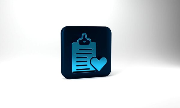 Blue Medical clipboard with clinical record icon isolated on grey background. Prescription, medical check marks report. Blue square button. 3d illustration 3D render