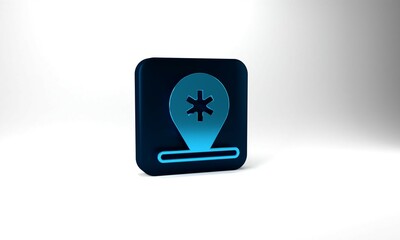 Blue Medical map pointer with cross hospital icon isolated on grey background. Blue square button. 3d illustration 3D render