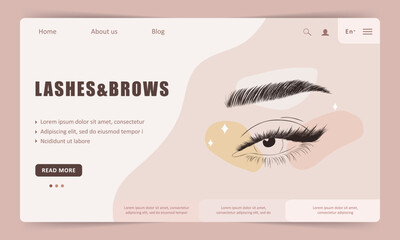 Lash and brows landing page template. Linear female eyes. Elegant logo for beauty salon. Vector Illustration in flat cartoon style. Website design.