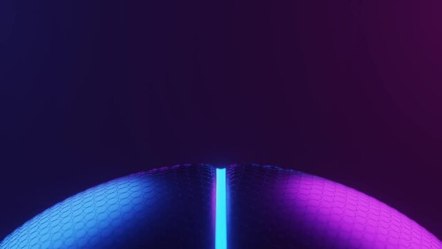 Rotating basketball blue and purple dark background, seamless loop 3d rendering, motion background basketball