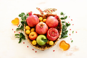 Rosh hashanah (jewish New Year holiday) concept. Traditional symbols