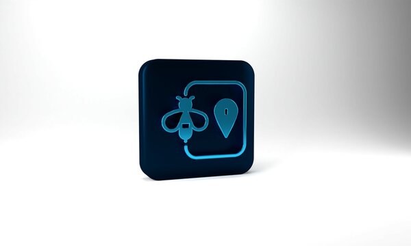 Blue Bee location map pin pointer icon isolated on grey background. Farm animal map pointer. Blue square button. 3d illustration 3D render