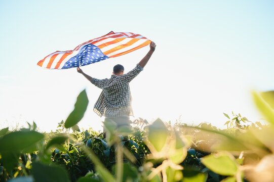 A young farmer stands with a USA flag in a soybean field. The concept of the US agricultural industry. - Powered by Adobe
