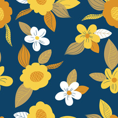 Seamless floral pattern based on traditional folk art ornaments. Art flowers on color background. Scandinavian style. Sweden nordic style. Vector illustration. Simple minimalistic pattern