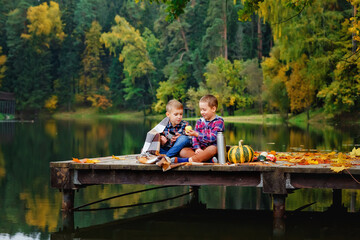 The boys are sitting with a thermos by the river on a wooden pier. Friends on a picnic in nature in autumn. The children wrapped themselves in a blanket.