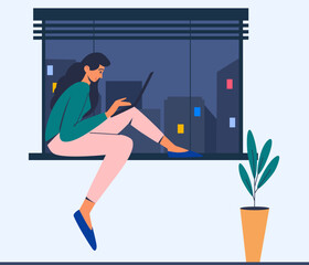 Woman working at a computer. Business communication concept. Young girl is sitting by the window with a laptop. Freelance, business, work, student. Trendy flat vector illustration isolated
