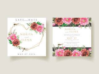 Floral and dragonfly painting watercolor wedding invitation card