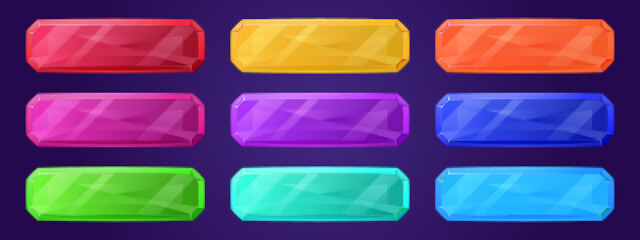 Glass color rectangular buttons for game or mobile app interface design. Vector cartoon set of blank web buttons from glossy crystal isolated on background