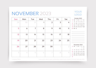 Calendar for November 2023 year. Planner calender template. Week starts Sunday. Desk corporate diary. Monthly organizer. Table schedule grid. Timetable layout. Vector simple illustration Paper size A5
