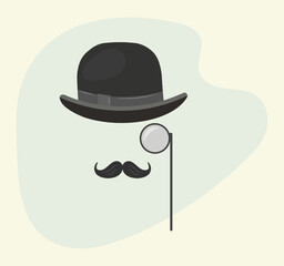 Retro poster of a detective in a pince-nez mustache in a hat. Gentleman, father, dad icon in vintage style. Vector flat illustration. - obrazy, fototapety, plakaty