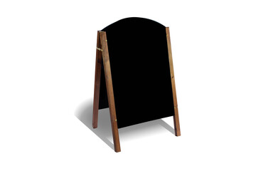 Blank wooden outdoor advertising stand sandwich board mock up template. Clear street signage board placed by an outdoor dinning area of a restaurant. A frame board mockup isolated. 3d rendering.