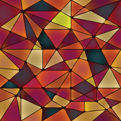 Obraz premium Stained glass triangles shapes mosaic of colored glass. Geometric polygonal cells pattern. Colourful gothic window in church. Seamless gradient pieces wallpaper. Vector tile design 