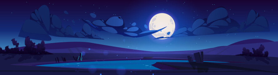 Obraz na płótnie Canvas Night lake landscape cartoon vector illustration. Mysterious big moon and many stars shining bright in cloudy dark sky over moonlit calm water surface. Summer midnight scene. Spooky atmosphere