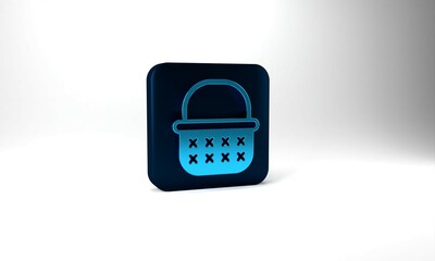 Blue Wicker basket icon isolated on grey background. Blue square button. 3d illustration 3D render