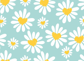 Daisies and hearts seamless pattern. Chamomile flowers. Vector background. 
