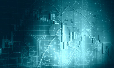 Energy and power industrial concept. Industrial icons and gear. Candlestick stock exchange background with world map.