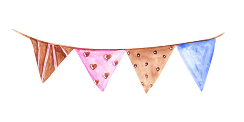 Watercolor garland isolated on a white background. Hand-drawn birthday decor illustration. Triangle party decoration. Cute flags clipart. Celebration banner. Blue, brown, and pink garland.