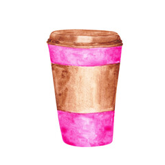 Pink tumbler isolated on a white background. Coffee cup clipart. Watercolor hot chocolate mug illustration. Hand-drawn takeout cafe cup. Beverage container sketch.