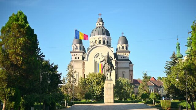 Ascension of the Lord Cathedral and Avram Iancu statue in the centre of Targu Mures, Romania