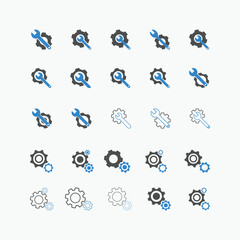 Gear and Wrench icon set Vector illustration. Service Tools icon pack for ui, social media, website Isolated on white background. Settings icon Flat style.

