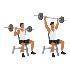 Fototapeta na wymiar Man doing Seated barbell shoulder press exercise. Flat vector illustration isolated on white background