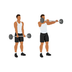 Obraz premium Man doing Barbell front raise exercise. Flat vector illustration isolated on white background