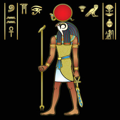 Animation color portrait: Ancient Egyptian god Ra holds a staff and anch cross. Supreme Sun God. Full growth. View profile. Vector illustration isolated on a black background.