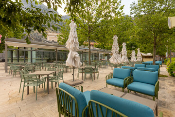 Empty outdoor hotel restaurant garden