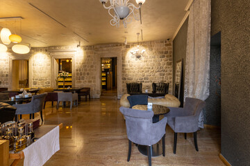 Interior of a hotel restaurant with marble floor