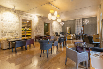 Interior of a hotel restaurant with marble floor