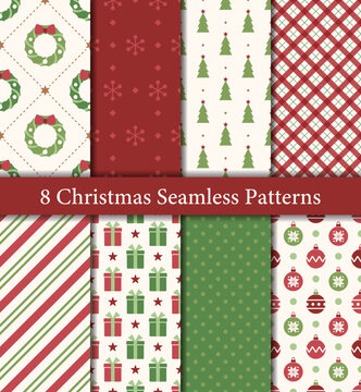 Set of 8 Christmas seamless patterns in traditional red and green colors. Trees, wreathes, ornaments, snowflakes, gifts, polka dots, plaid, candy cane stripes.