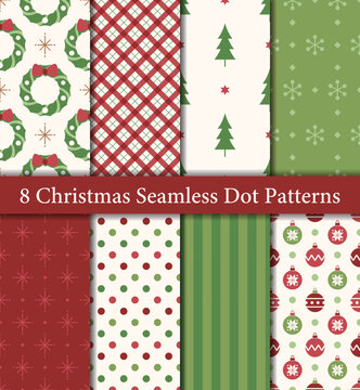 Set of 8 Christmas seamless patterns in traditional red and green colors. Trees, wreath, ornaments, snowflake, stripes, polka dots, plaid.