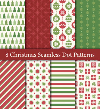 Set of 8 Christmas seamless patterns in traditional red and green colors. Trees, presents, ornaments, stars, stripes, candy cane stripes, dots.
