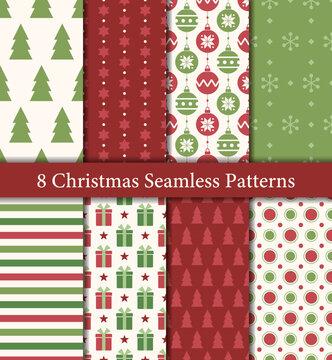 Set of 8 Christmas seamless patterns in traditional red and green colors. Trees, ornaments, stars, snowflakes, gifts, stripes, dots.