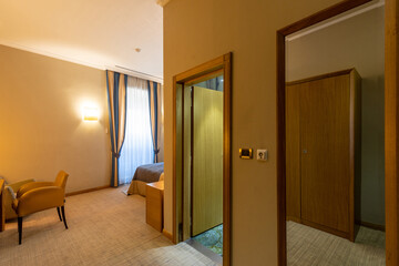 Interior of a hotel room with furniture