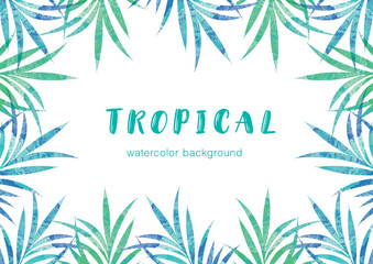 Obraz premium 南国葉っぱフレーム。南国植物の装飾フレーム。水彩画。Tropical leaf frame. Decorative frame of tropical plants. Watercolor.