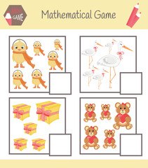 Fototapeta na wymiar Workbook on mathematics for preschool education. Puzzles for children. Learn to count. Solve examples