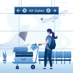 Fototapeta premium Tourist holding luggage trolley. Passenger woman and airport interior, trolley with suitcases. Various baggage on airport cart. Female character with luggage before flight.