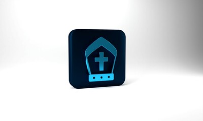 Blue Pope hat icon isolated on grey background. Christian hat sign. Blue square button. 3d illustration 3D render