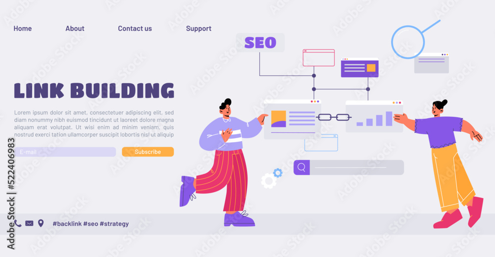 Wall mural link building landing page. characters use search engine optimization, seo, hyperlink connection bet