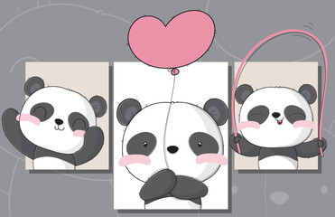 Flat cute set of card baby panda illustration for kids
