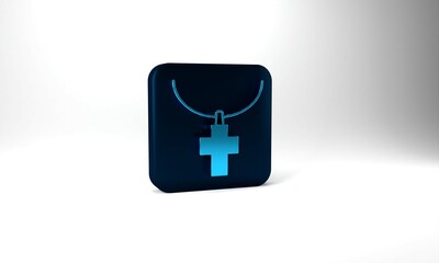 Blue Christian cross on chain icon isolated on grey background. Church cross. Blue square button. 3d illustration 3D render