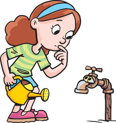 girl with a bucket in her hand next to a faucet that has no water