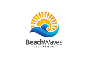 summer sun vector logo with beach wave shape