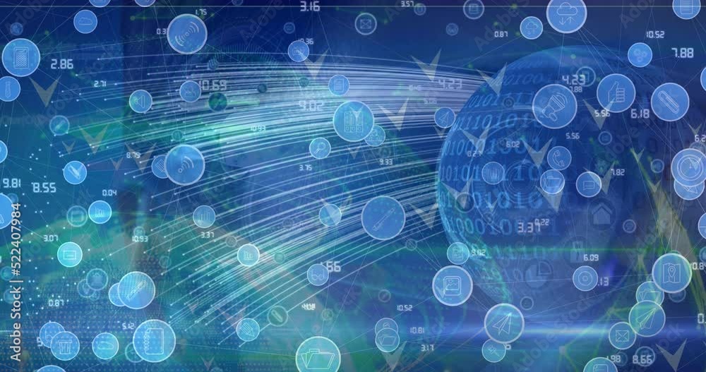 Poster animation of network of digital icons and data processing against light trails and globe