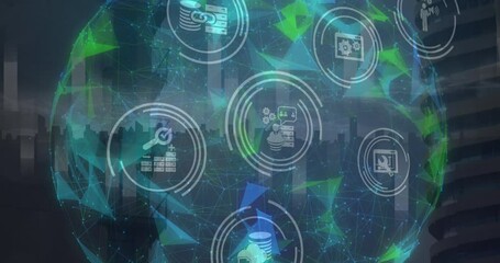 Animation of digital icons and globe of plexus networks spinning against cityscape - Powered by Adobe