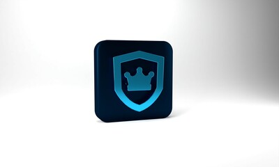 Blue Shield with crown icon isolated on grey background. Blue square button. 3d illustration 3D render