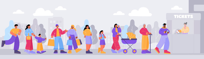People standing in queue to ticket booth. Different characters waiting in long line for buy tickets to cinema or bus. City landscape with people crowd and controller in kiosk, vector flat illustration