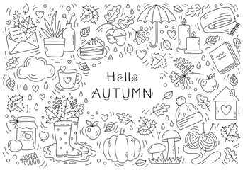 Hello Autumn - Vector Doodle Set. Cute sketch with umbrella, rain, maple, pumpkin, acorn, forest leaves. Fall Season elements for coloring. Black outline isolated on a white. Hand draw illustration.