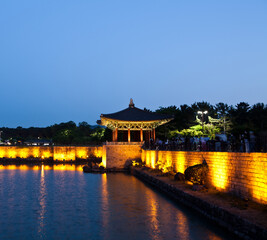 Obraz premium It is a pond from the Silla period in Gyeongju, famous for its beautiful night view, and it was built next to Imhaejeon, where flowers and plants and animals were raised.